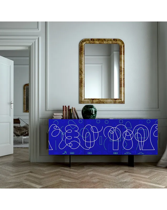 Pictoom 3 Door Sideboard With Blue Doodle Digital Print